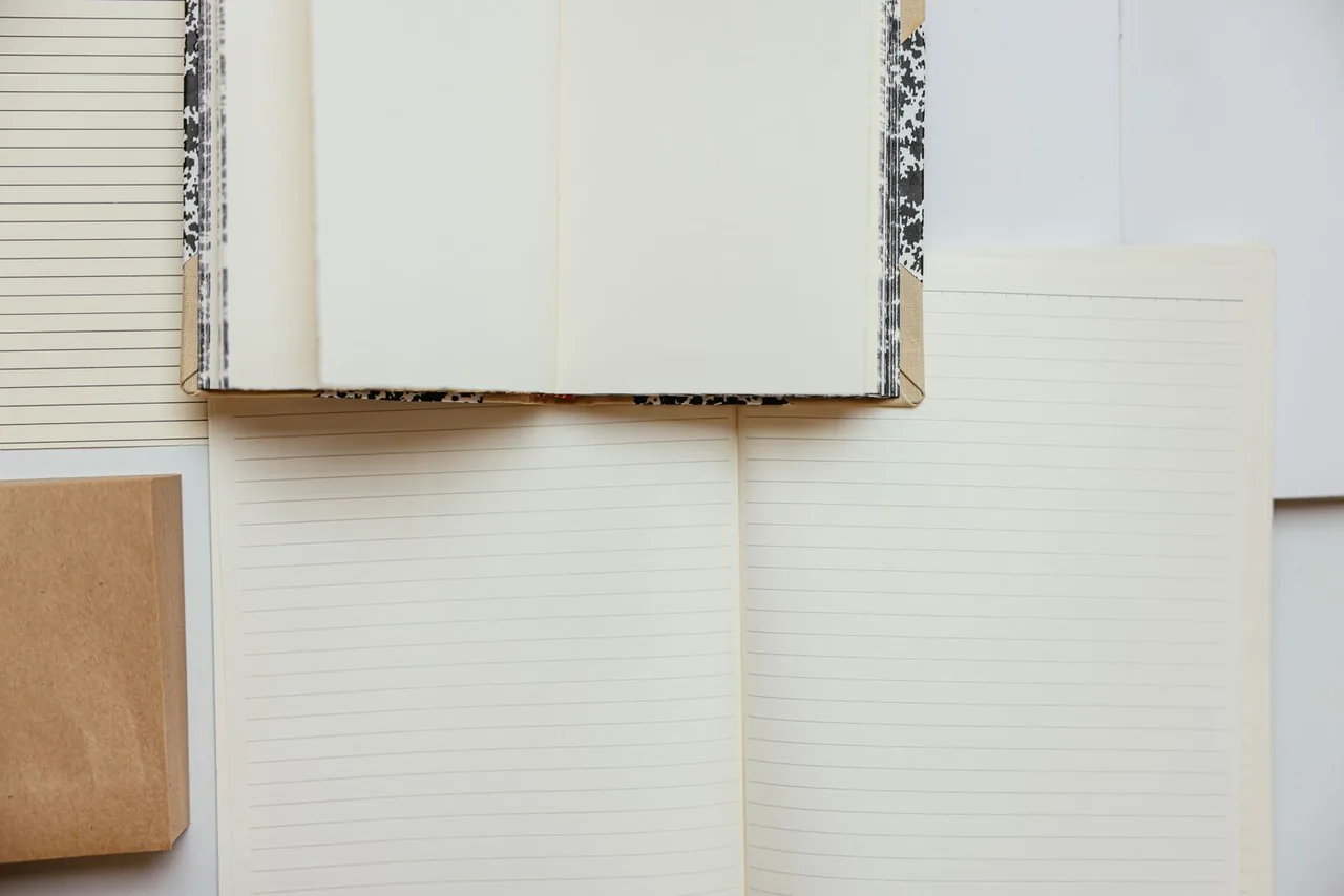 Open blank and lined notebooks showing paper layouts and binding