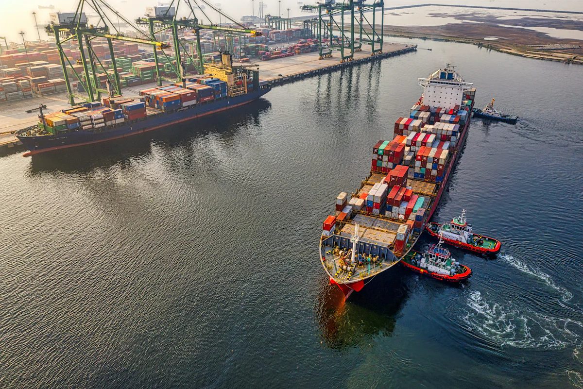 Cargo vessels and containers at an international port