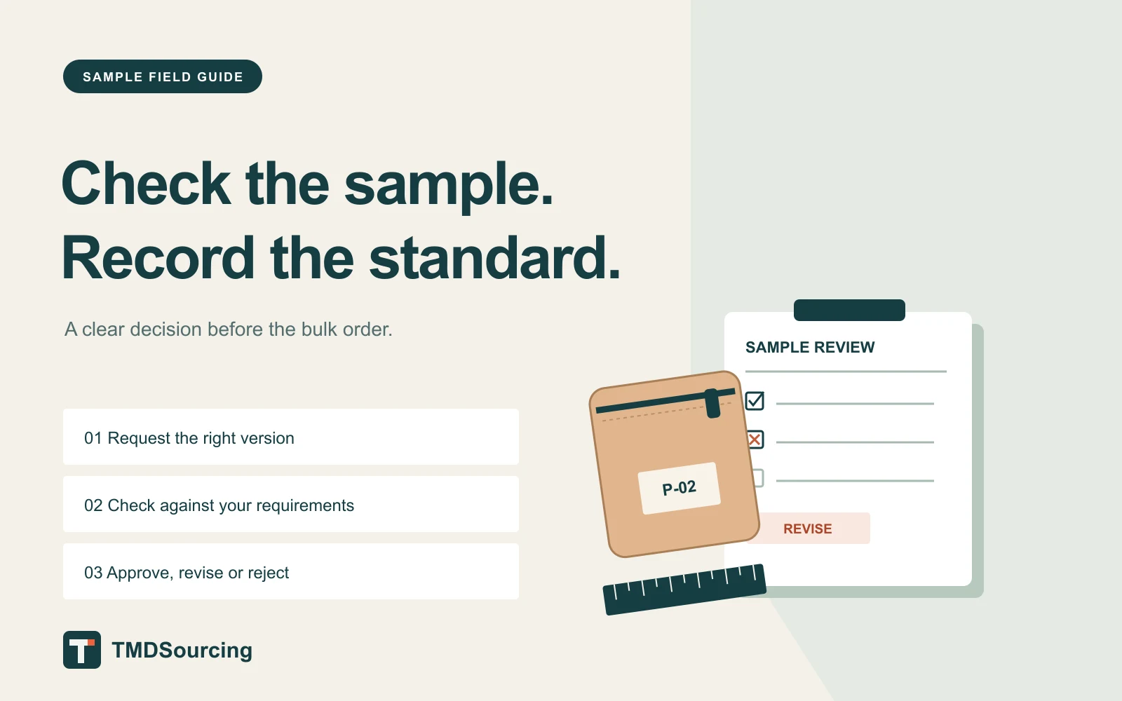 Product sample review: inspect the item, record measurements and confirm the approved version